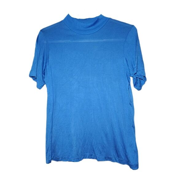 Wintersilks Bright Blue 100% Silk Short Sleeve Mock Turtleneck Top Size M - Picture 1 of 3